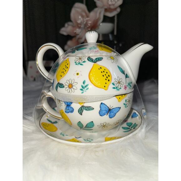 Grace's Teaware Lemons & Blue Butterflies Stacking Teapot & Teacup and Saucer - Picture 5 of 10
